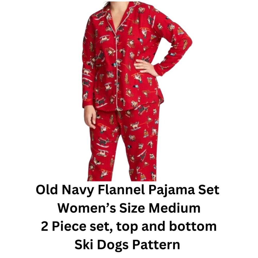 Old Navy Flannel Pajama Set Women’s Size Medium 2 Piece Set Ski Dogs Red Cotton